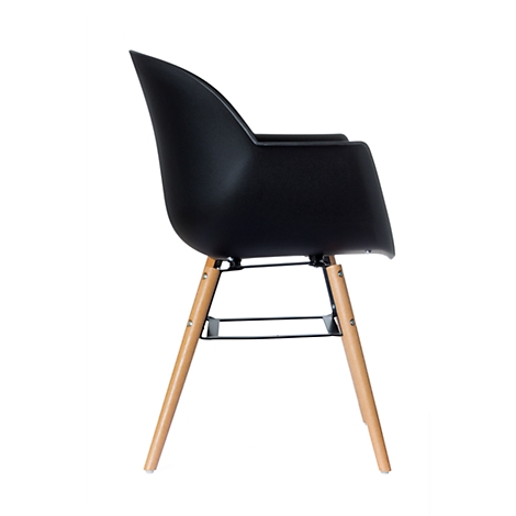 Black chair with wooden legs. Side view. The seat shell has an armrest.