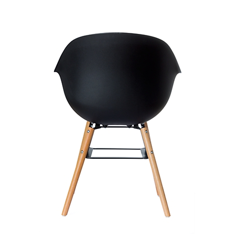Black chair, photographed from behind, with wooden legs on a white background.