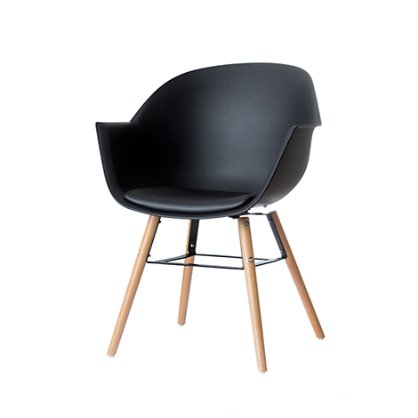 Black chair with wooden legs. The seat is also black.