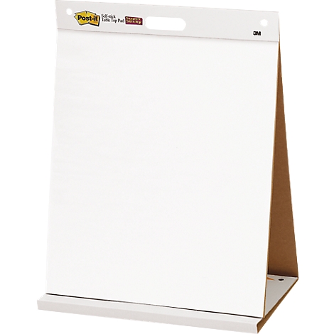 Un tableau de conférence Post-it blanc, installé. En haut : trou de poignée et logos d'entreprise. Le bord inférieur sert de support.