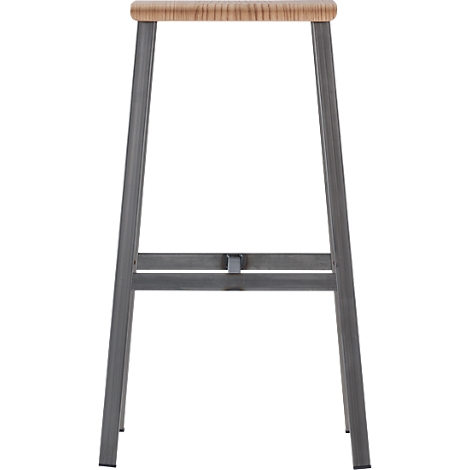 Stool with wooden seat and metal frame. Grey legs, light seat.