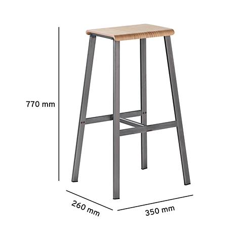Stool with light brown seat and anthracite-colored metal frame. Dimensions: 770 mm high, 260 mm wide, 350 mm deep.