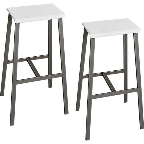 Two bar stools with white seats and gray metal frames.