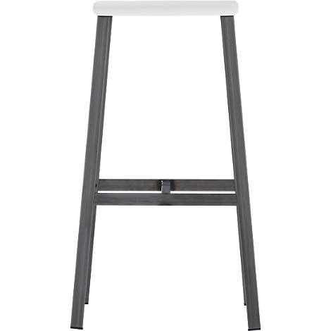 A bar stool with a white seat and gray metal legs. The legs are angled and connected by a horizontal strut.