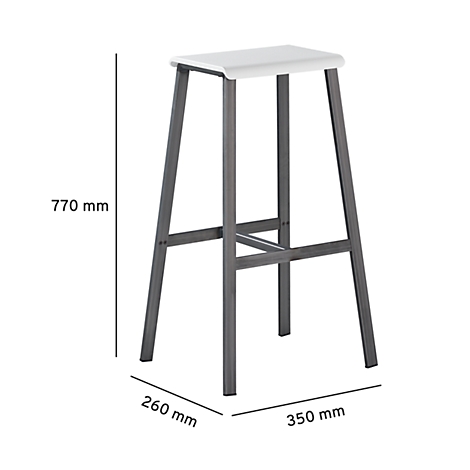 Stool with white seat, gray legs, and dimensions: 770 mm high, 260 mm wide, 350 mm deep.