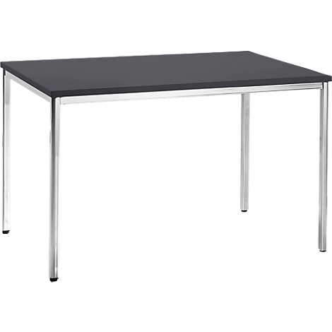A rectangular table, black tabletop, chrome legs.