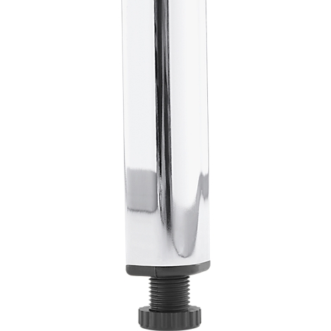 Chrome table leg with black foot. The surface shines and reflects, the foot is ribbed.