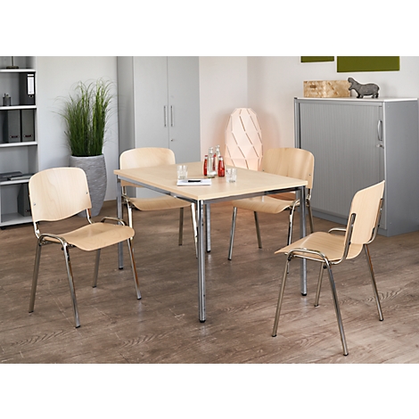 Meeting room with table and four chairs. Drinks and papers on the table.