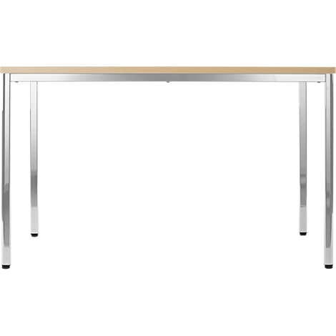 A rectangular table with a light wood top and chrome legs, against a white background.