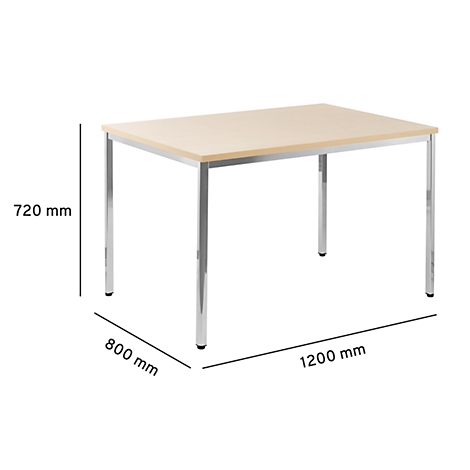 A rectangular table with a light brown table top and silver legs. Dimensions are indicated.