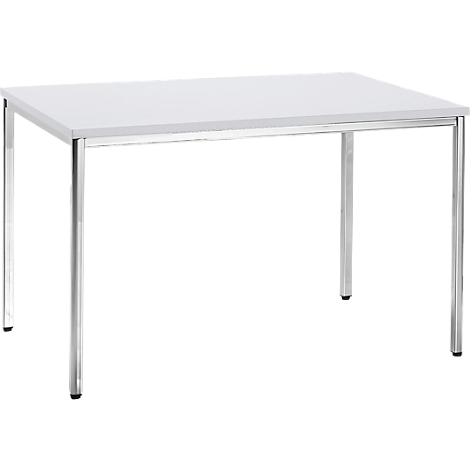White table with chrome legs, perspective view.