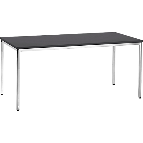 A rectangular table with a dark table top and slender, silver legs.