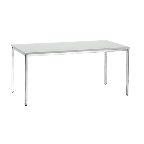 A rectangular gray table with metal legs, set against a white background.