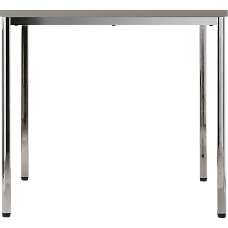A rectangular table, light gray table top, chrome legs.