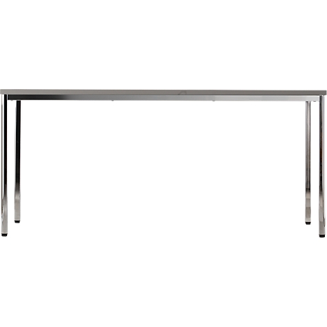 A simple table with metal legs, against a white background. Table top made of grey material.