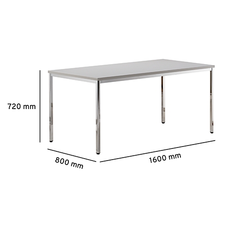 Gray table with chrome legs. Dimensions: 1600 x 800 x 720 mm.