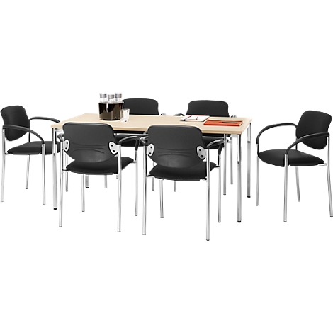 Conference table with chairs, drinks, and documents.