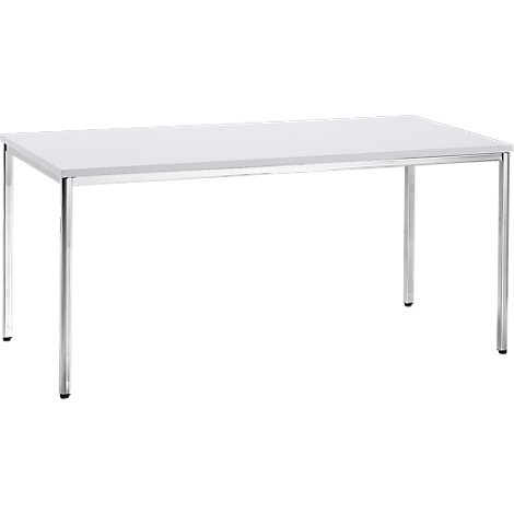 A rectangular, white table with four shiny, silver legs.