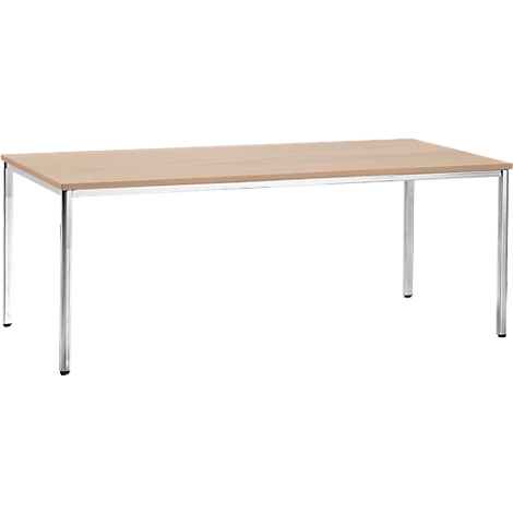 Rectangular beige table with metal legs. The tabletop is made of light wood, the frame of shiny metal.