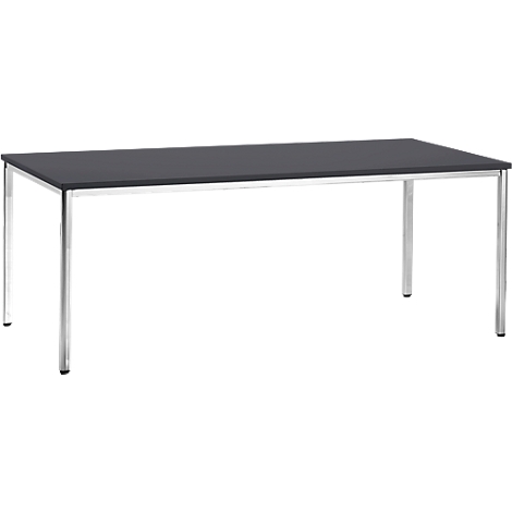 A rectangular table with a dark tabletop and silver legs. The tabletop is black, and the legs are metal.