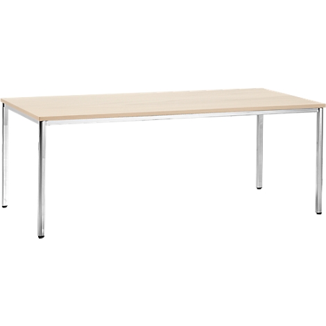 A rectangular table with light-colored wooden top and silver legs.