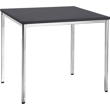 A square table with a black tabletop and silver legs, on a white background.