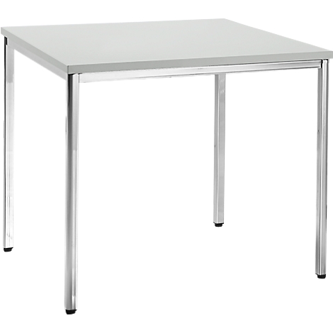 Square table with light gray top and metal legs.