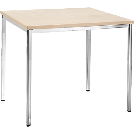 Square table with light wood veneer top and silver metal legs. The legs are placed at the corners.