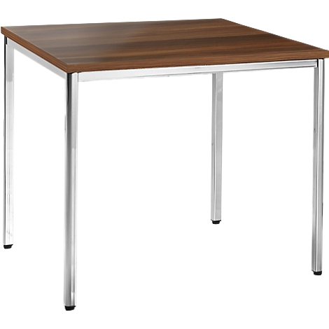 Square table with brown wooden top and silver legs.