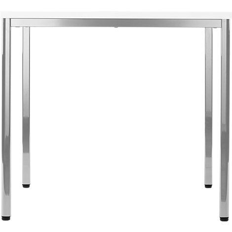 A small table with a white tabletop and chrome legs, ending in black feet.