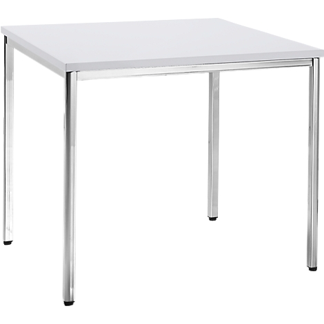 Square white table with chrome legs.