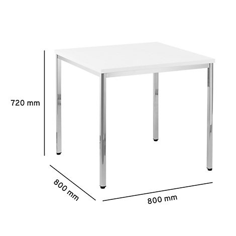 White square table with chrome legs, dimensions: 800 x 800 x 720 mm.