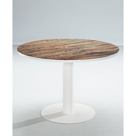 Round table with wooden top and white base. The table is in front of a white background.