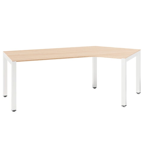 Wooden corner desk with white metal frame, against a white background.