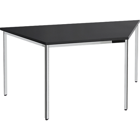 Triangular table with black top and silver legs. A modern design.