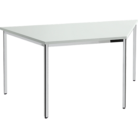 Triangular table with white top and chrome legs.