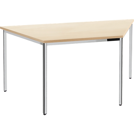 Triangular table with light wood and chrome legs. One side is straight, the other angled.