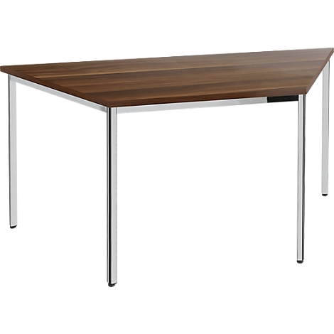 Triangular wooden table with shiny metal legs. The table top is made of wood, in dark brown.