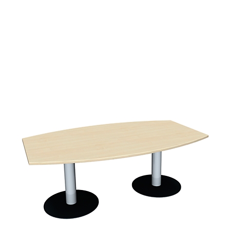 An oval conference table, light brown tabletop with two grey columns on black round feet, isolated.