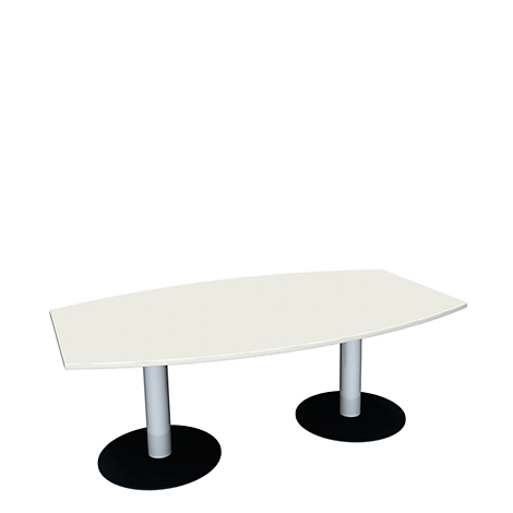 A white oval conference table on silver columns and black feet, set against a white background.