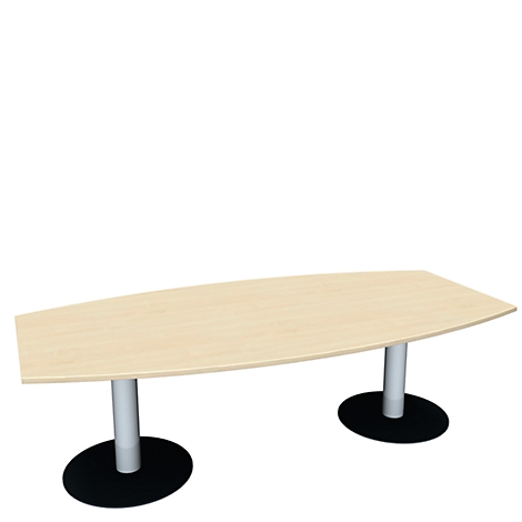 An oval, light wooden conference table with two white legs and black feet.