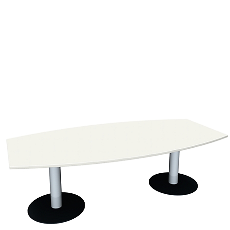 White, oval conference table with two cylindrical legs on black, round bases.