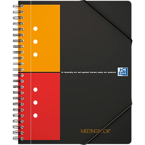 Schwarzes Notizbuch mit orangefarbenem und rotem Einband. Spirale links, Gummibandverschluss. 'Meetingbook'.