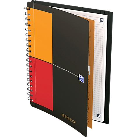 Schwarzes Notizbuch mit orangen und roten Blöcken. Geöffnete Seiten mit kariertem Papier.