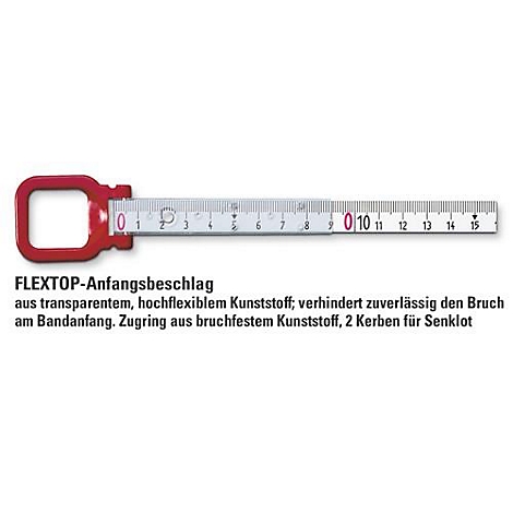 Rode-transparante liniaal met rode handgreep, schaal tot 15 cm, daaronder tekst: FLEXTOP-Anfangsbeschlag.