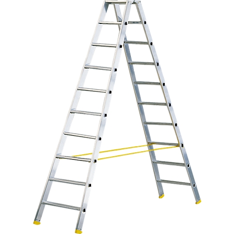 A silver A-frame ladder stands freely. Yellow safety straps connect the ladder feet.