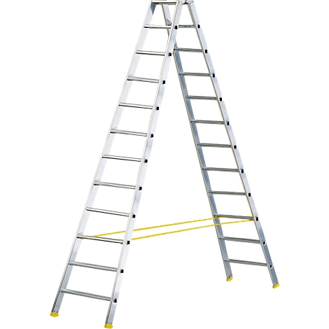 Aluminum ladder with yellow rubber feet and a yellow connecting piece, joining the two sides.