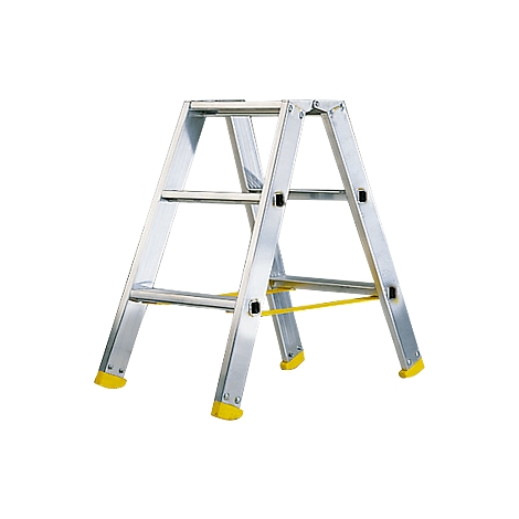 A silver stepladder stands on yellow feet. A yellow bar connects the legs.