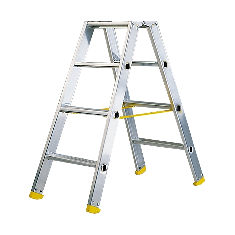 Aluminum folding ladder with yellow feet and struts. The ladder stands stable on the floor.