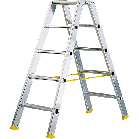A silver stepladder with yellow feet and yellow bar. The ladder stands against a white background.